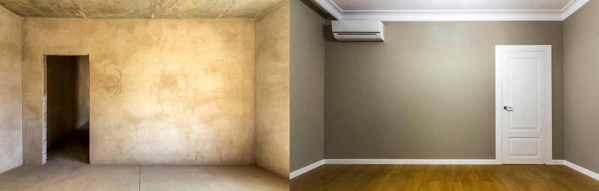 Comparison of a room before and after renovation showing the transformation potential