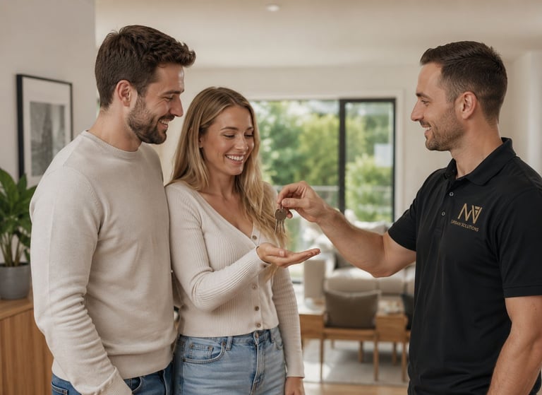 Real estate agent smiling while handing over new house keys to a happy young couple, celebrating their property ownership and successful moving into their modern apartment