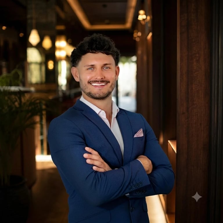Professional man in navy blazer smiling with arms crossed in elegant lobby with warm lighting